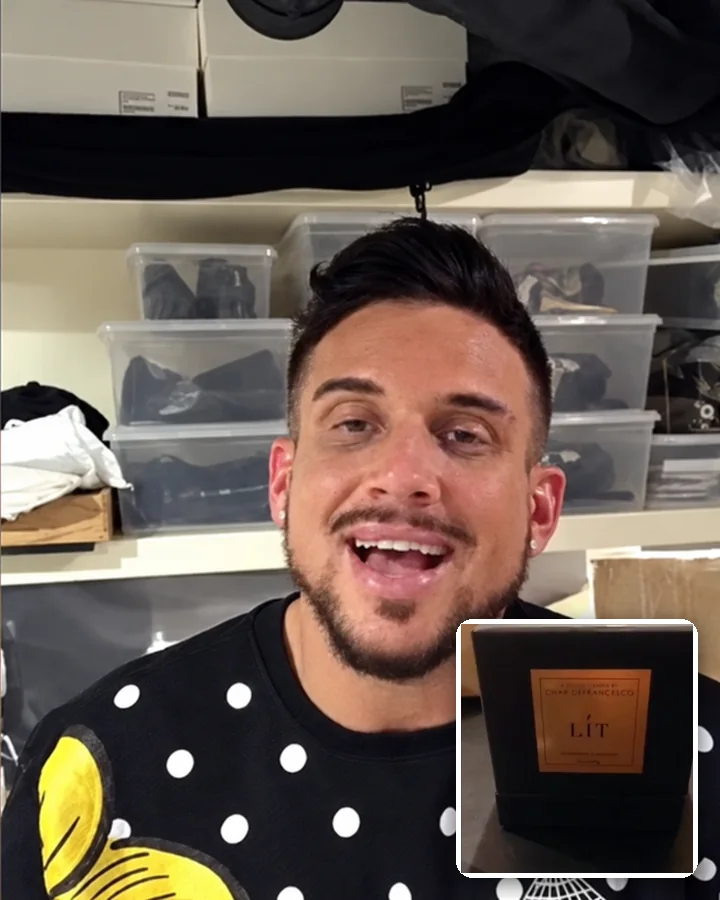 Charlie Francesco holding up his LIT candle box, with the box shown in the corner