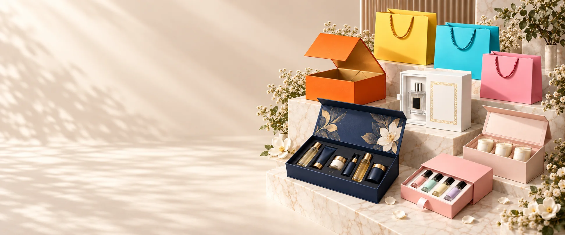 Cosmetic gift box sets, foldable magnetic gift box, perfume and candle boxes and luxury paper bags on marble steps