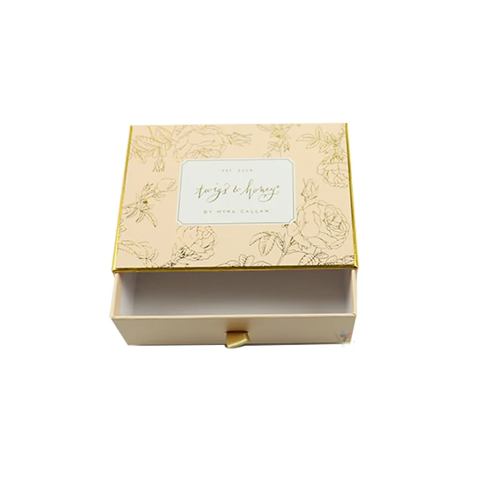Champagne Drawer Box with Gold Floral Foil