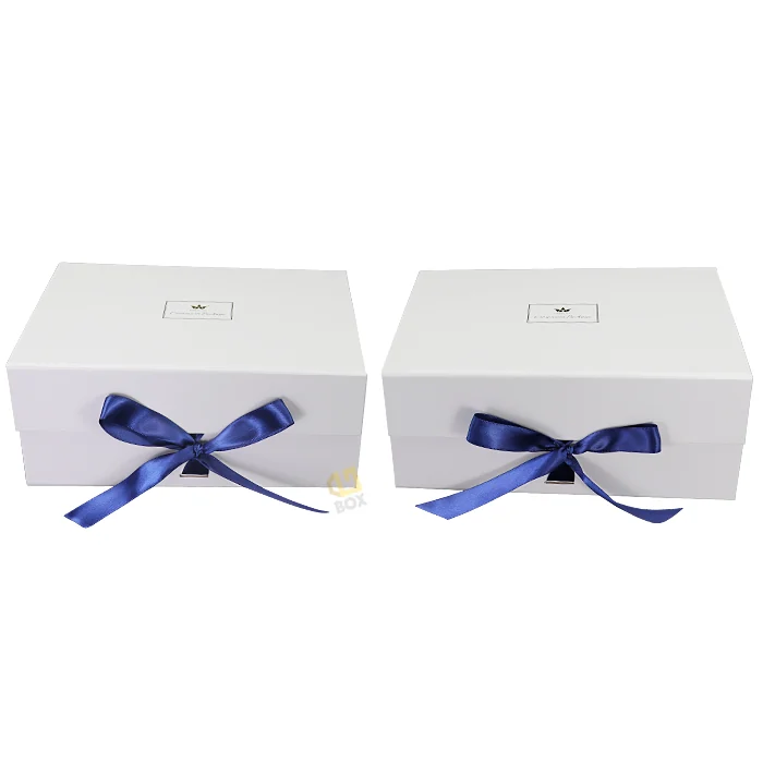 White Foldable Gift Box with Navy Ribbon Bow